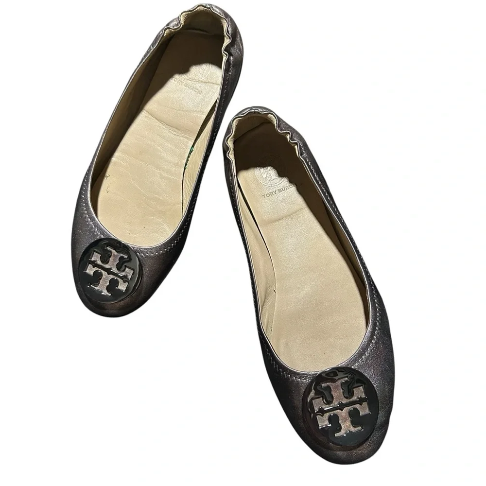 Tory Burch Gunmetal Minnie Travel Ballet Flats with Logo - Size 8